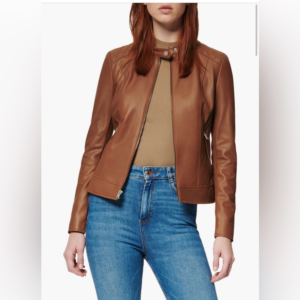 Marc New York Andrew Marc Glenbrook Brown Leather Knit Motorcycle Jacket Sz M